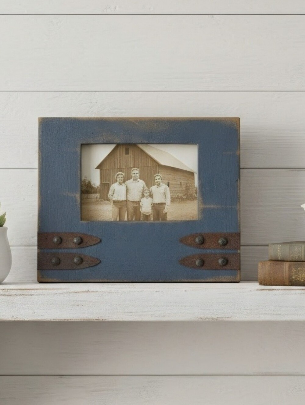 Vintage Blue Rustic Wood Photo Frame with Metal Strap Accents Handmade